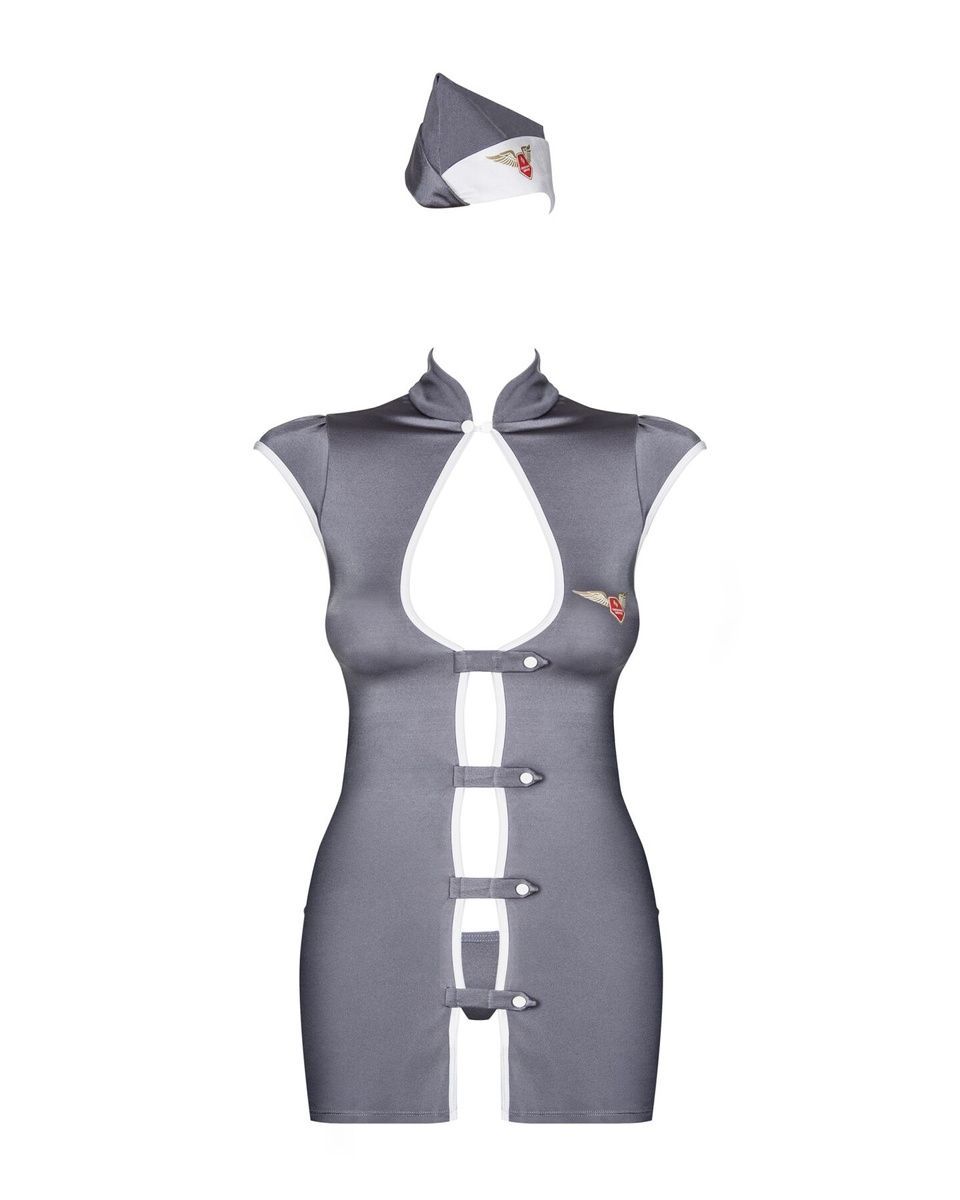 Эротический костюм стюардессы Obsessive Stewardess 3 pcs grey, серый, платье, стринги, пилотка, S/M