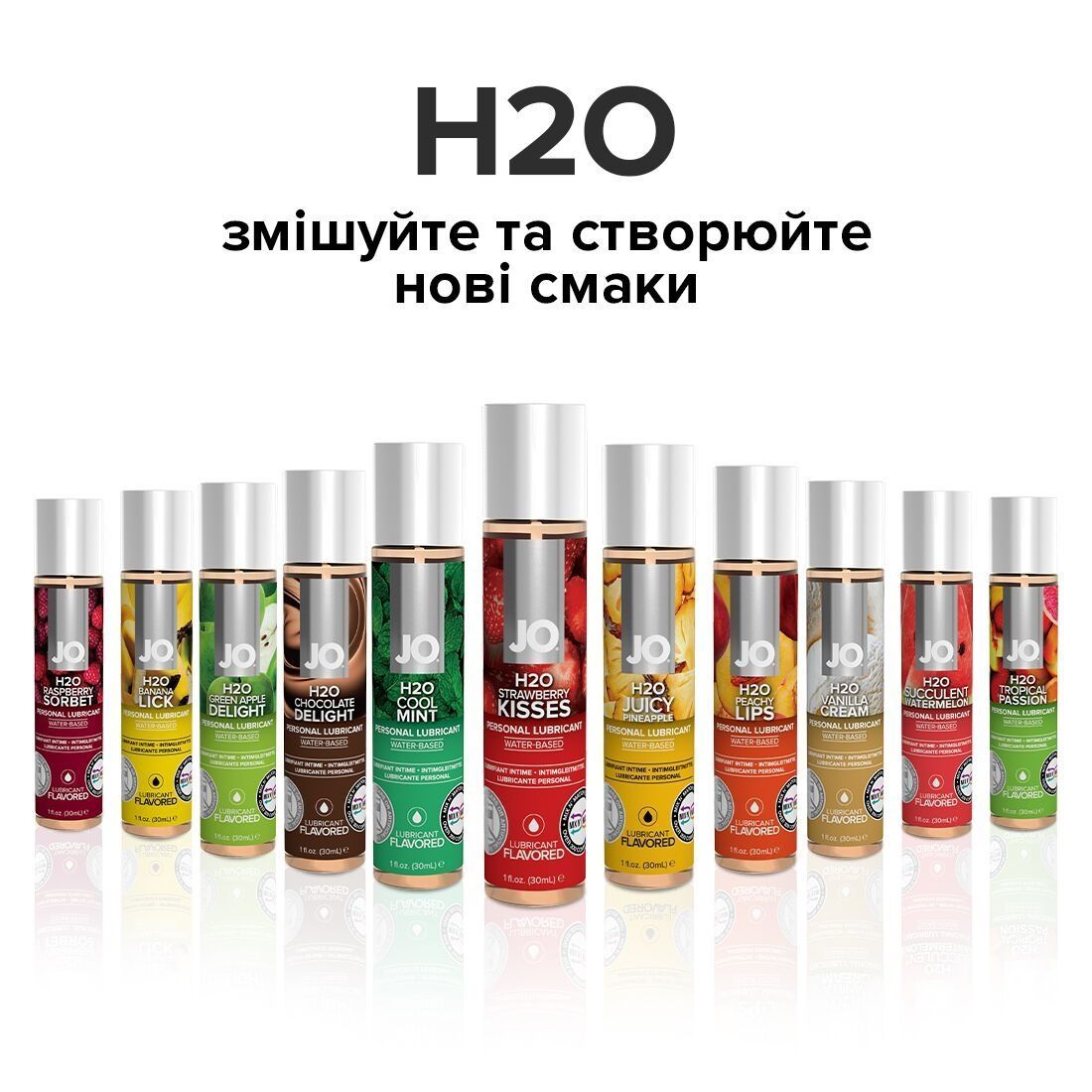 Змазка на водній основі JO H2O &mdash; Strawberry Kiss (30 мл) без цукру, рослинний гліцерин