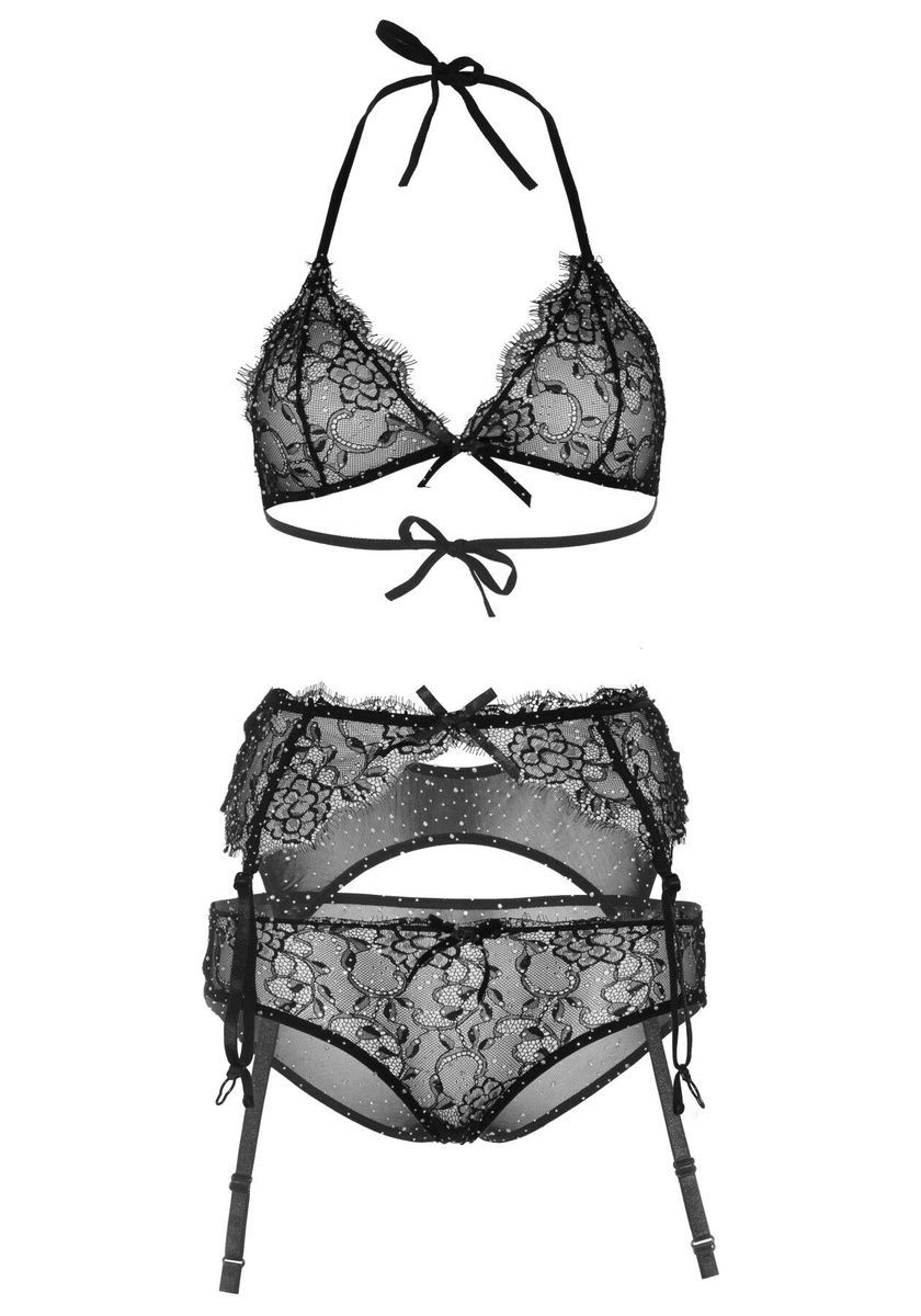 Мереживний комплект зі стразами Leg Avenue Bright Lights Rhinestone (трусики, бра, пояс для панчіх, S