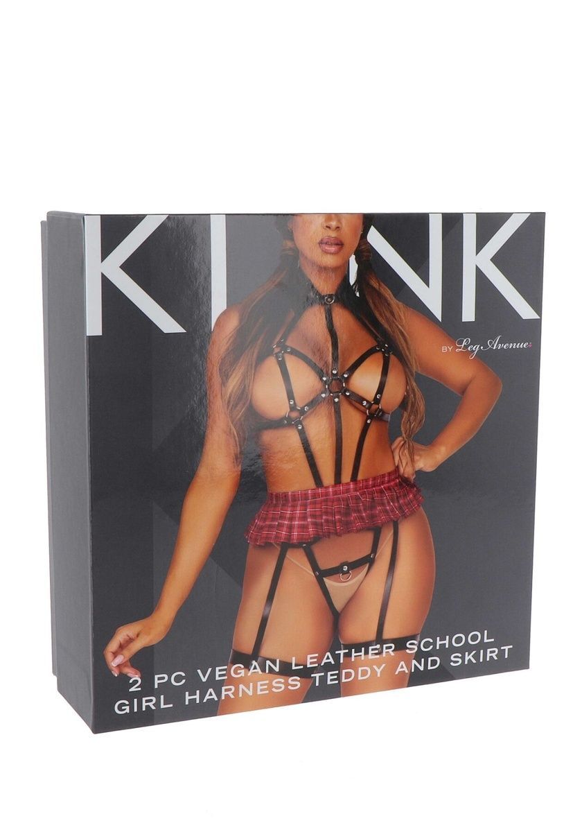 BDSM-костюм учениці Leg Avenue Harness teddy & skirt Black, портупея, мініспідниця, екошкіра