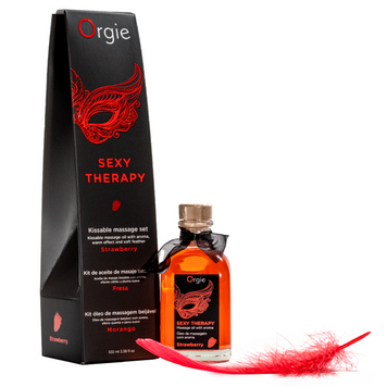 Набір для масажу Orgie &ndash; Sexy Therapy Strawberry (100 мл), їстівна розігрівальна олія + пір&rsquo;їнка