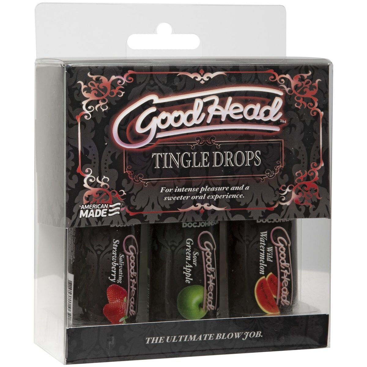 Набір крапель для мінету Doc Johnson GoodHead Tingle Drops, 3х29,5 мл, кавун, зелене яблуко, полуниця