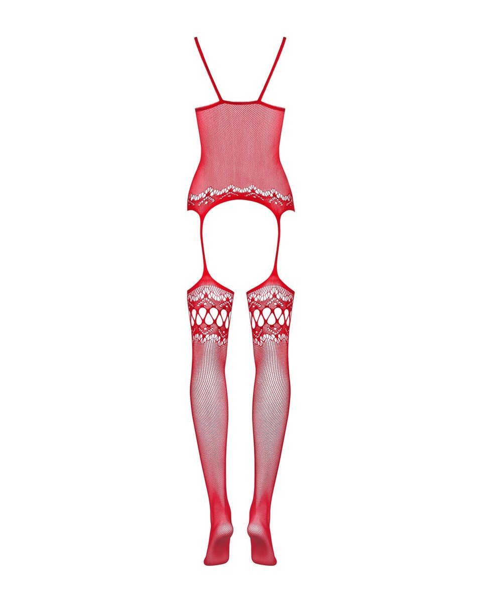Бодистокинг Obsessive Bodystocking F214 red S/M/L, имитация корсета и чулок на подвязках