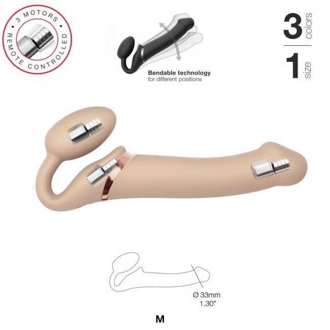 Безремневой страпон с вибрацией Strap-On-Me Vibrating Flesh M, диаметр 3,3см, пульт ДУ, регулируемый