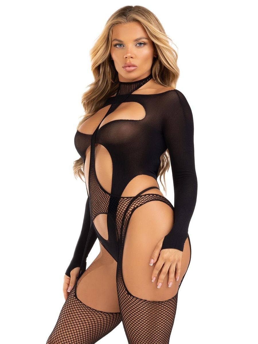 Бодистокинг 2 в 1 Leg Avenue Bodystocking with cutout teddy, One Size, черный, чулки-сетки и тедди