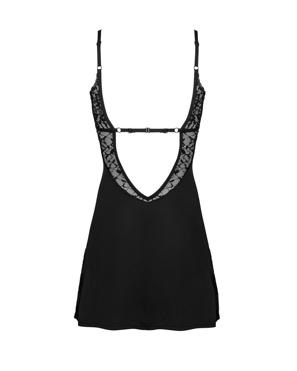 Сорочка Obsessive Bellastia chemise & thong, непрозрачная, фигурное декольте, стринги в наборе, XS/S