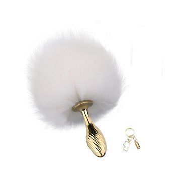 Металева анальна пробка Кролячий хвост LOCKINK SEVANDA White Bunny-Tail Anal Pear-shape Plug, S