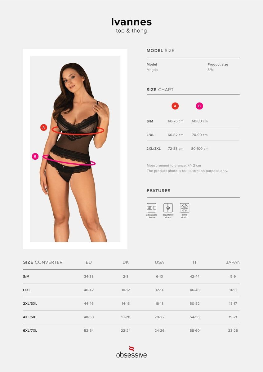 Полупрозрачный набор с украшениями Obsessive Ivannes top & thong, черный, топ и танга, S/M