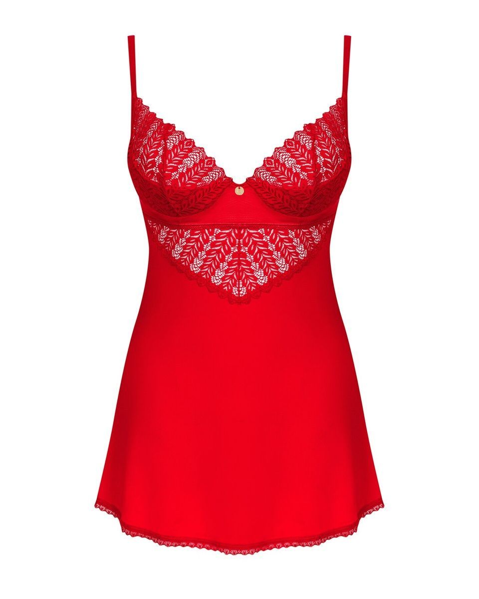 Пеньюар Obsessive Ingridia chemise & thong красный, сорочка, стринги, XS/S