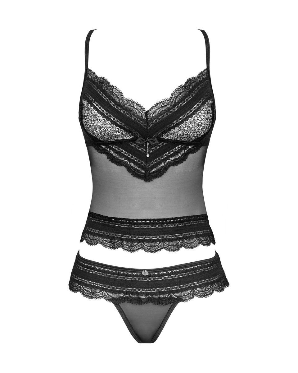 Полупрозрачный набор с украшениями Obsessive Ivannes top & thong, черный, топ и танга, S/M