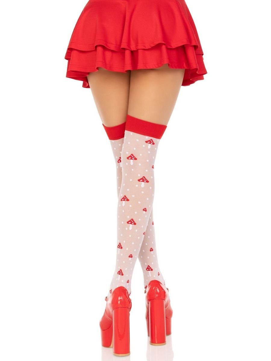 Панчохи Leg Avenue Polka Dot Mushroom Thigh Highs, One Size, біло-червоні, на резинці, малюнок &mdash; гриби