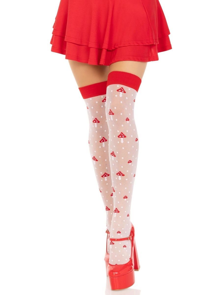 Панчохи Leg Avenue Polka Dot Mushroom Thigh Highs, One Size, біло-червоні, на резинці, малюнок &mdash; гриби