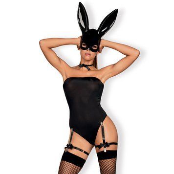 Эротический костюм кролика Obsessive Bunny costume, black, боди, чокер, гартеры, чулки, маска, S/M