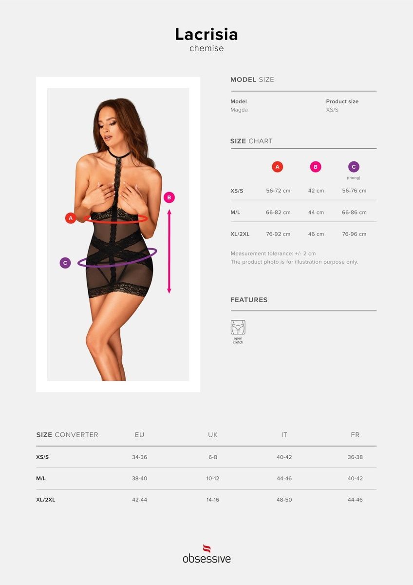 Полупрозрачная сорочка с открытой грудью Obsessive Lacrisia chemise, черная, с чокером, XS/S