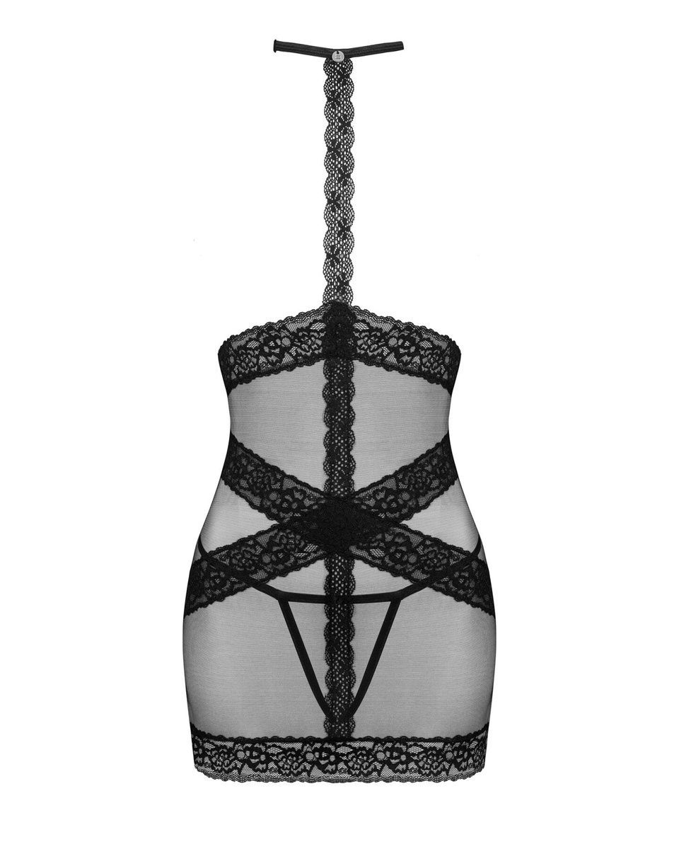 Полупрозрачная сорочка с открытой грудью Obsessive Lacrisia chemise, черная, с чокером, XS/S