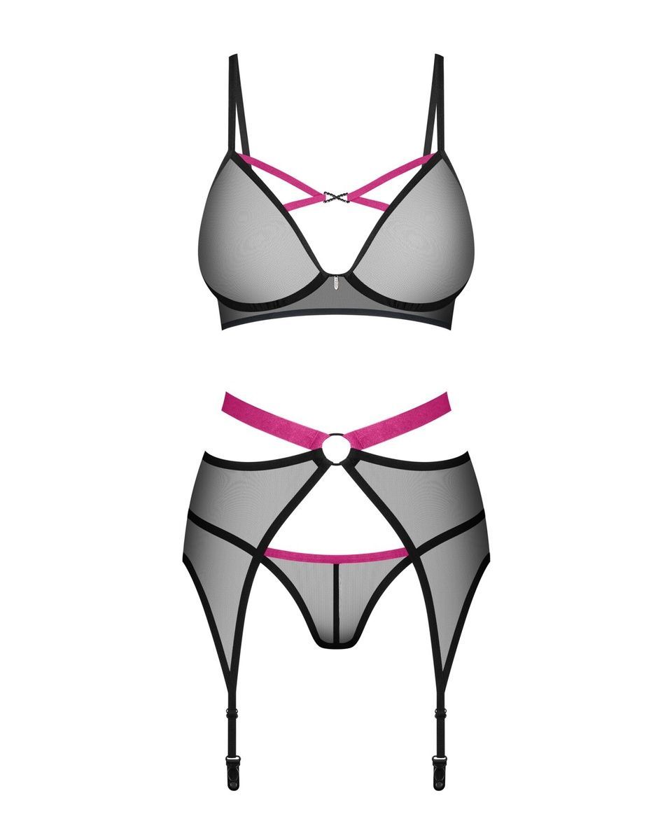 Комплект Obsessive Novenes 3-pcs set, прозрачный лиф на косточках, стринги, пояс, XS/S