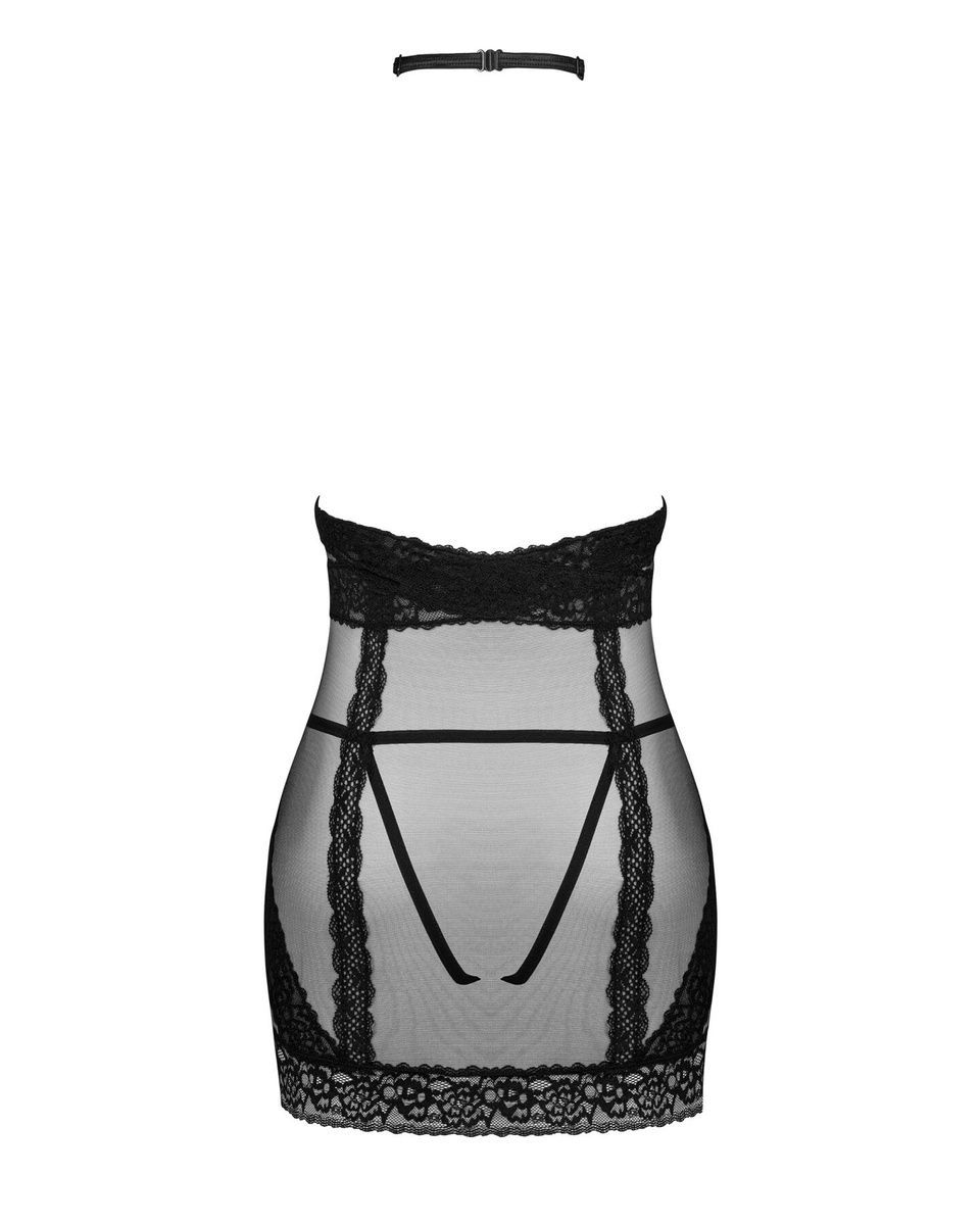 Полупрозрачная сорочка с открытой грудью Obsessive Lacrisia chemise, черная, с чокером, XS/S