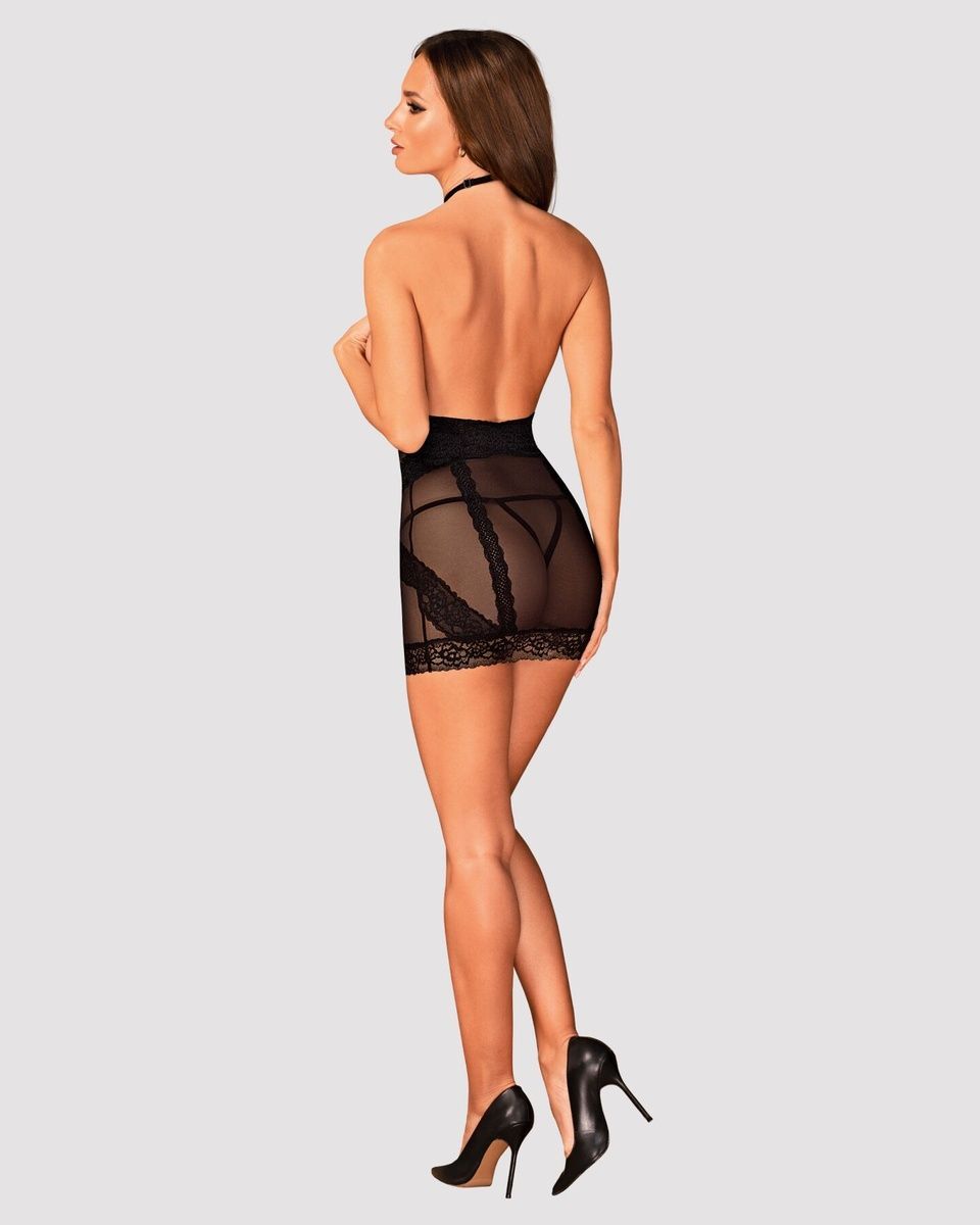 Полупрозрачная сорочка с открытой грудью Obsessive Lacrisia chemise, черная, с чокером, XS/S