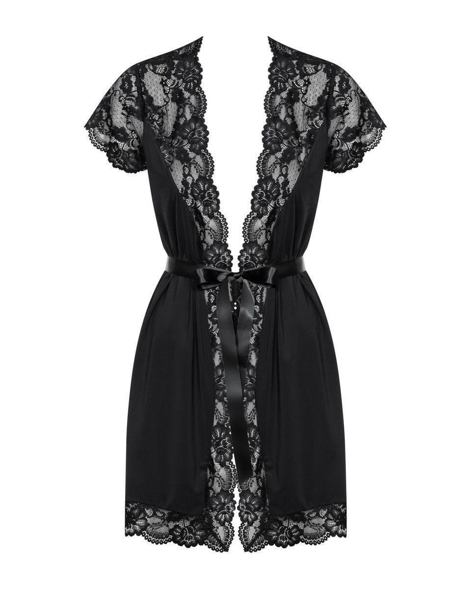 Сатиновий відкритий пеньюар на поясі Obsessive 810-PEI&ndash;1 peignoir black, чорний, S/M