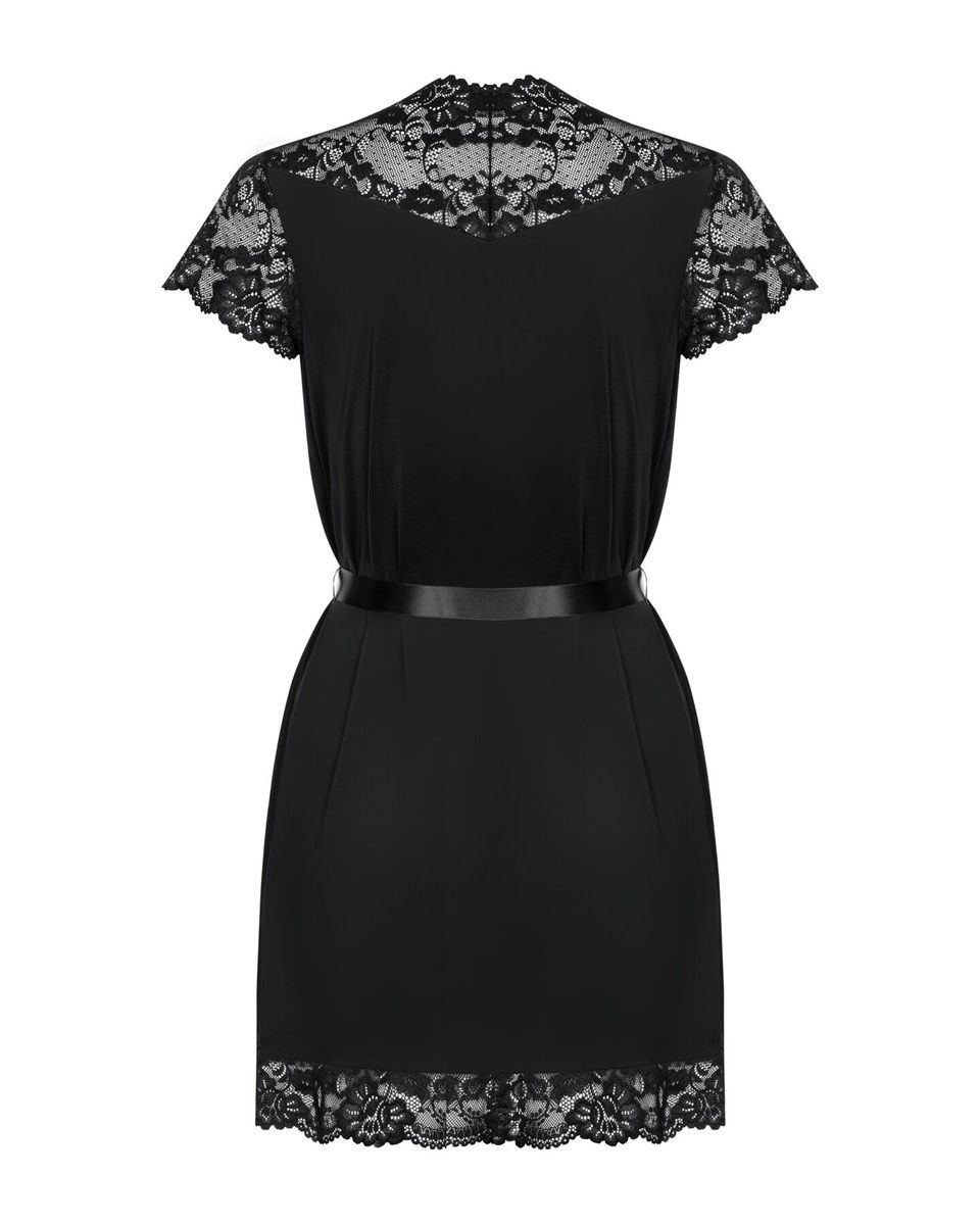 Сатиновий відкритий пеньюар на поясі Obsessive 810-PEI&ndash;1 peignoir black, чорний, S/M