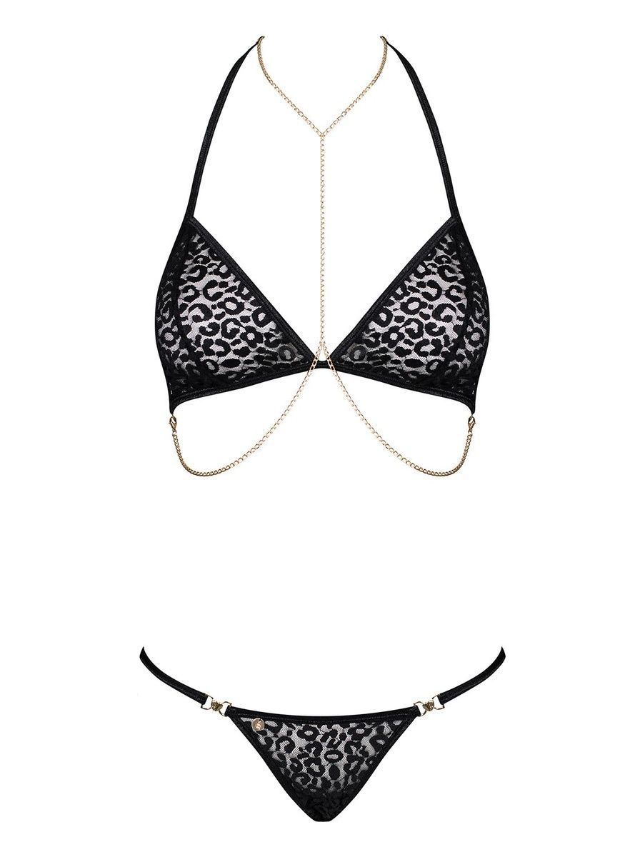 Комплект с цепочками Obsessive Pantheria 2-pcs set black L/XL, бюстгальтер, трусики