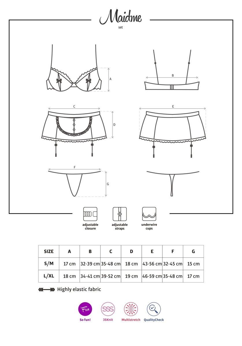 Эротический костюм горничной Obsessive Maidme set 5pcs, бюстгальтер, пояс с фартуком, чулки, S/M