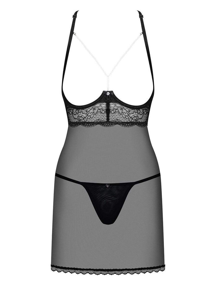 Прозрачная сорочка с открытой грудью Obsessive Pearlove chemise & thong black S/M, трусики