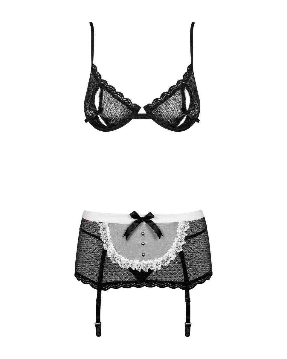 Эротический костюм горничной Obsessive Maidme set 5pcs, бюстгальтер, пояс с фартуком, чулки, S/M