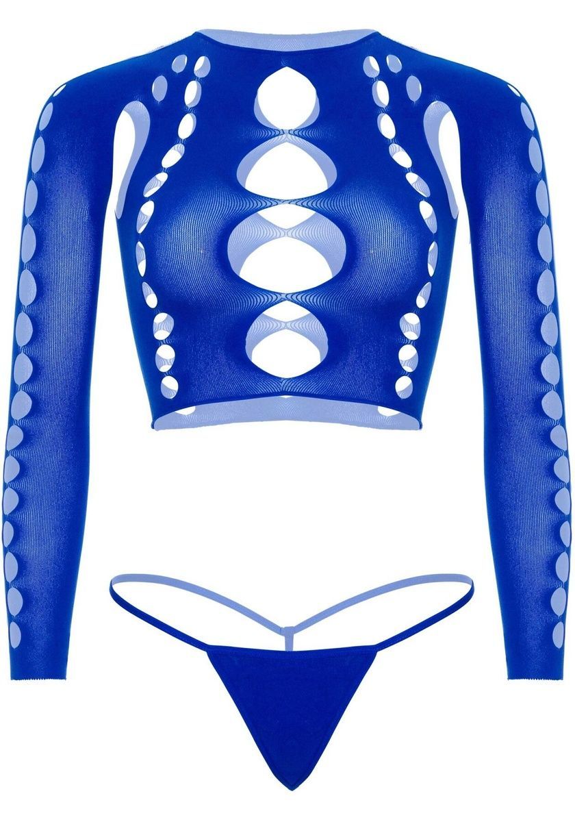 Комплект Leg Avenue Long sleeve crop top & string Royal Blue One Size, топ, стринги
