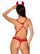 Эротический костюм чертика из стреп Obsessive Evilia teddy red, боди, чокер, накладки на соски, обруч с рожками, S/M
