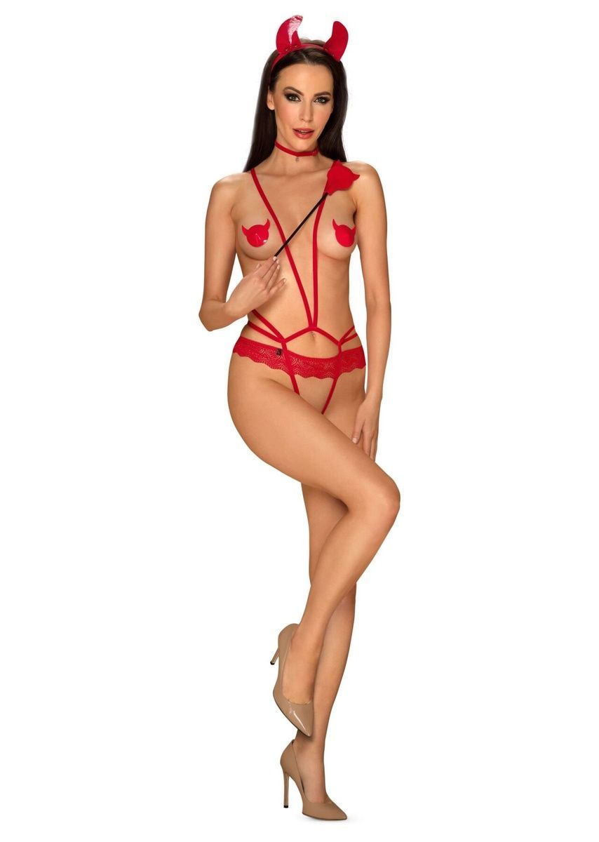Эротический костюм чертика из стреп Obsessive Evilia teddy red, боди, чокер, накладки на соски, обруч с рожками, S/M