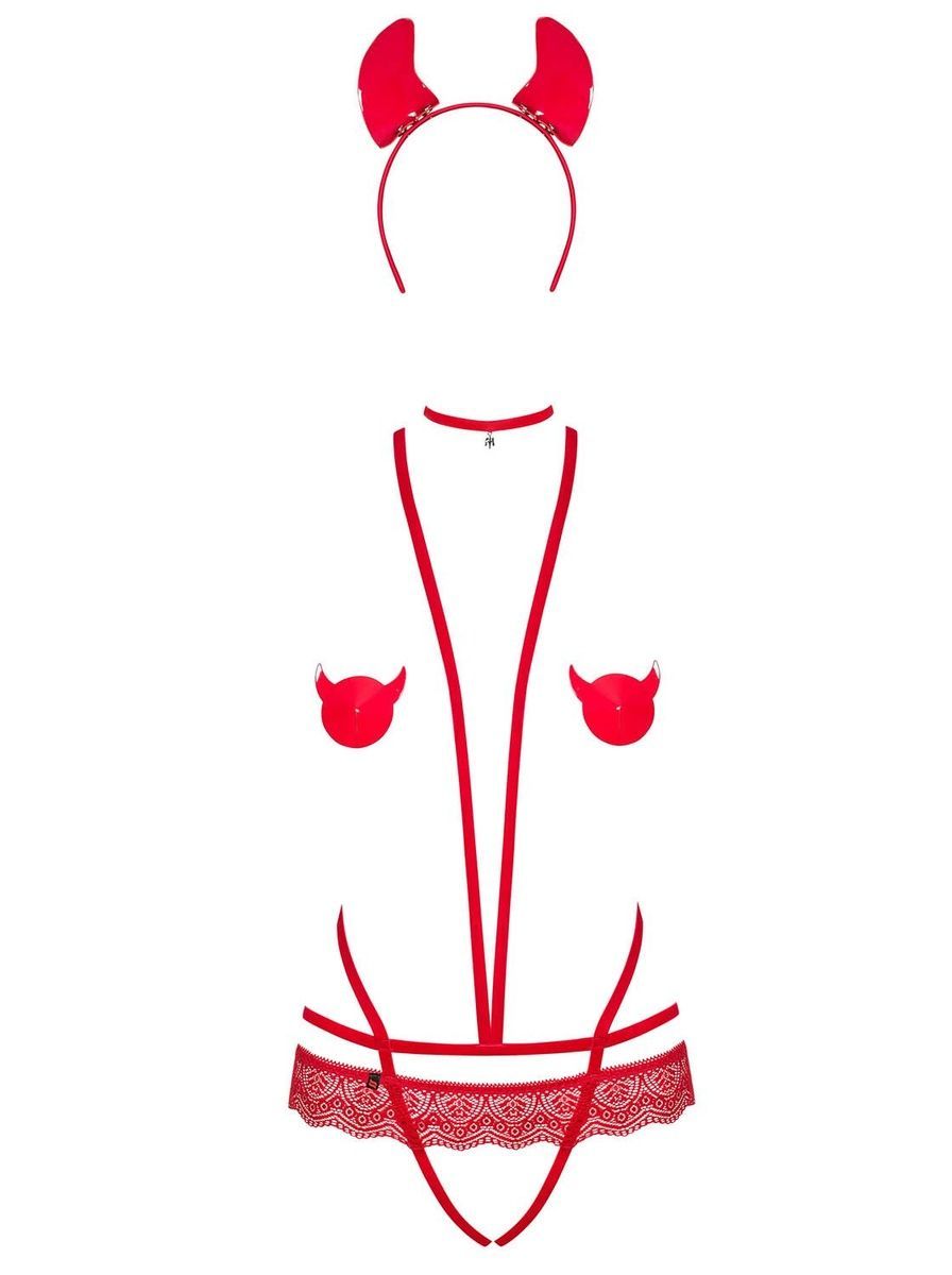 Еротичний костюм чортика зі стреп Obsessive Evilia teddy red L/XL
