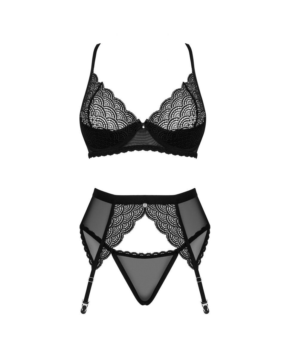 Комплект Obsessive Chemeris 3-pcs set, стрінги, пояс для панчіх, бюстгальтер, XS/S