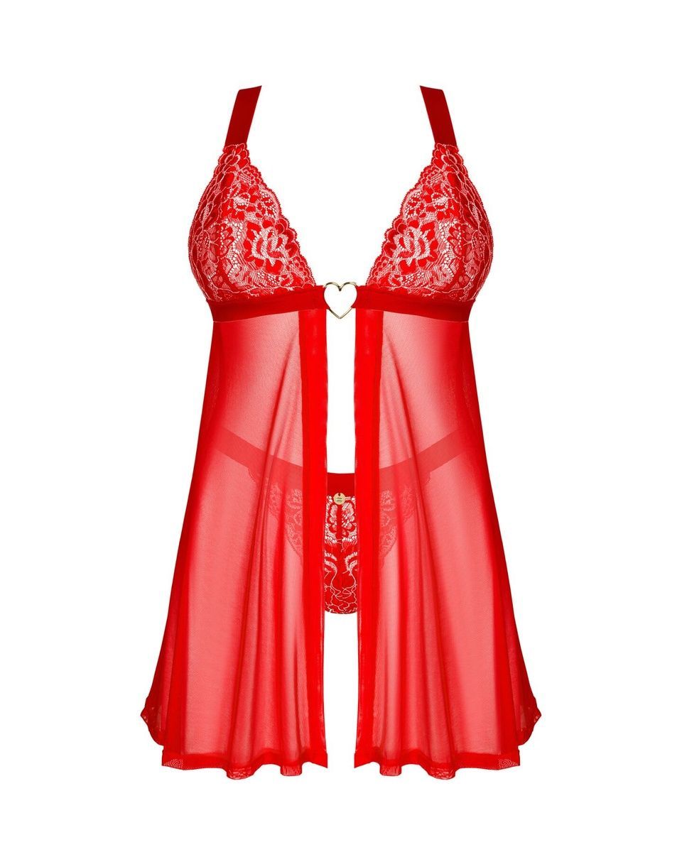 Бэби-долл Obsessive Elianes babydoll & thong, красный, кружевной лиф, трусики-танга в наборе, XS/S