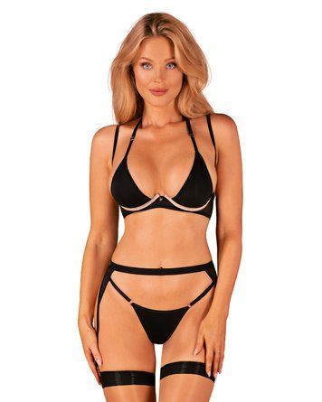 Комплект білизни Obsessive Selinne 3-pcs set  Black, бюстгальтер, стрінги пояс для панчіх, XS/S