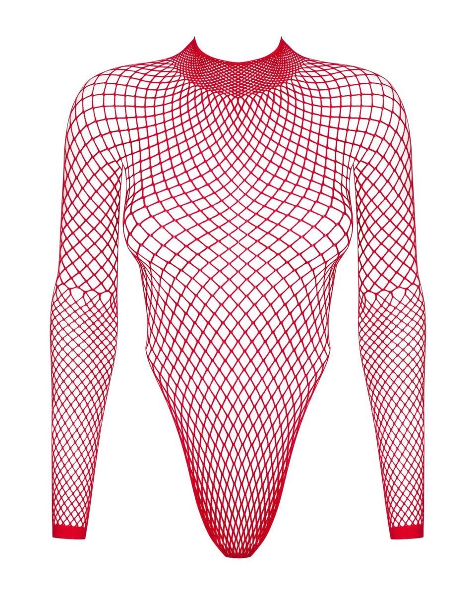 Сетчатый бодистокинг с длинным рукавом Obsessive B126 teddy red, красный, S/M