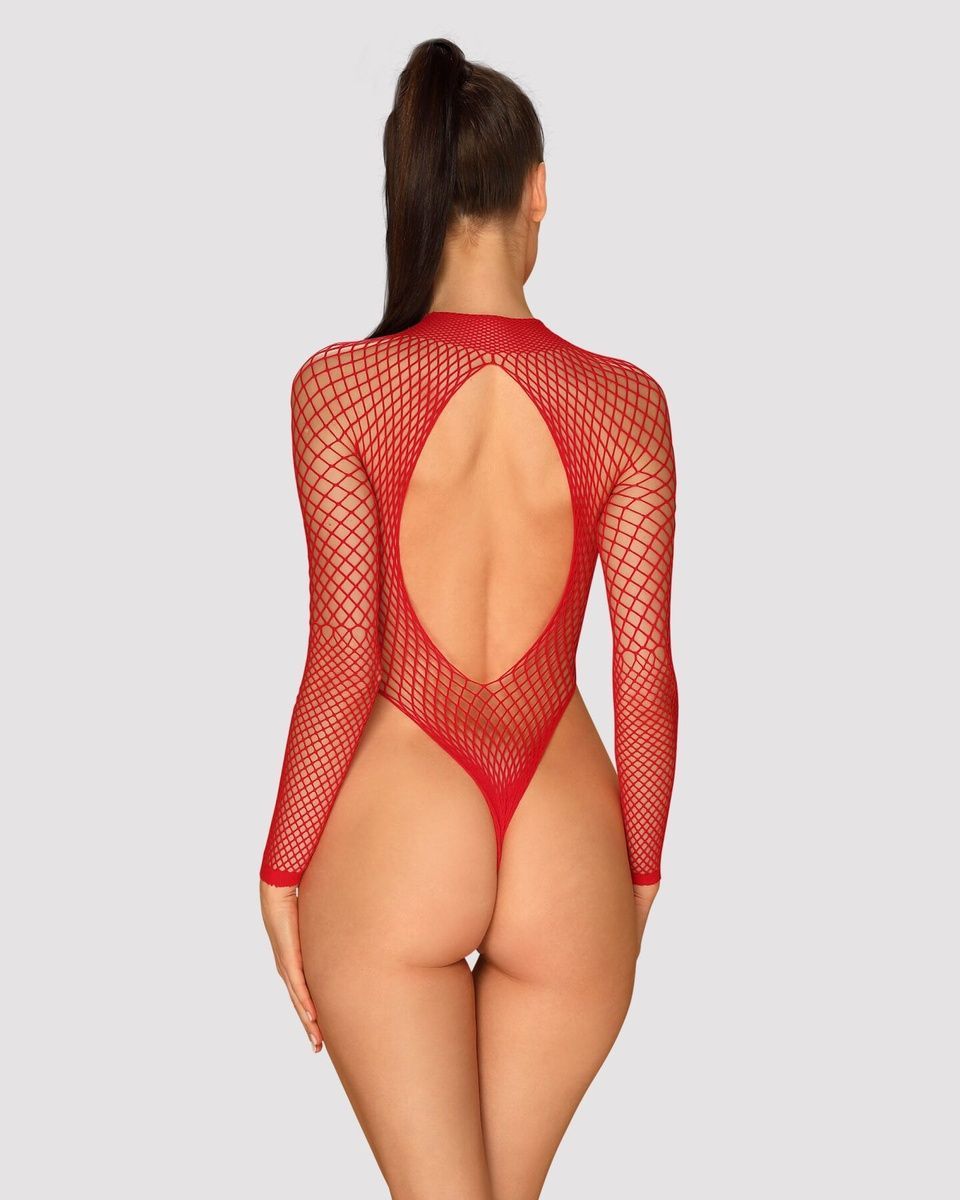 Сетчатый бодистокинг с длинным рукавом Obsessive B126 teddy red, красный, S/M