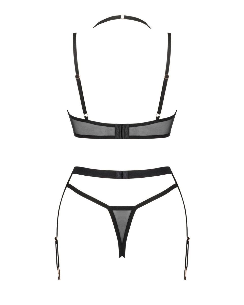 Комплект білизни Obsessive Selinne 3-pcs set  Black, бюстгальтер, стрінги пояс для панчіх, XS/S