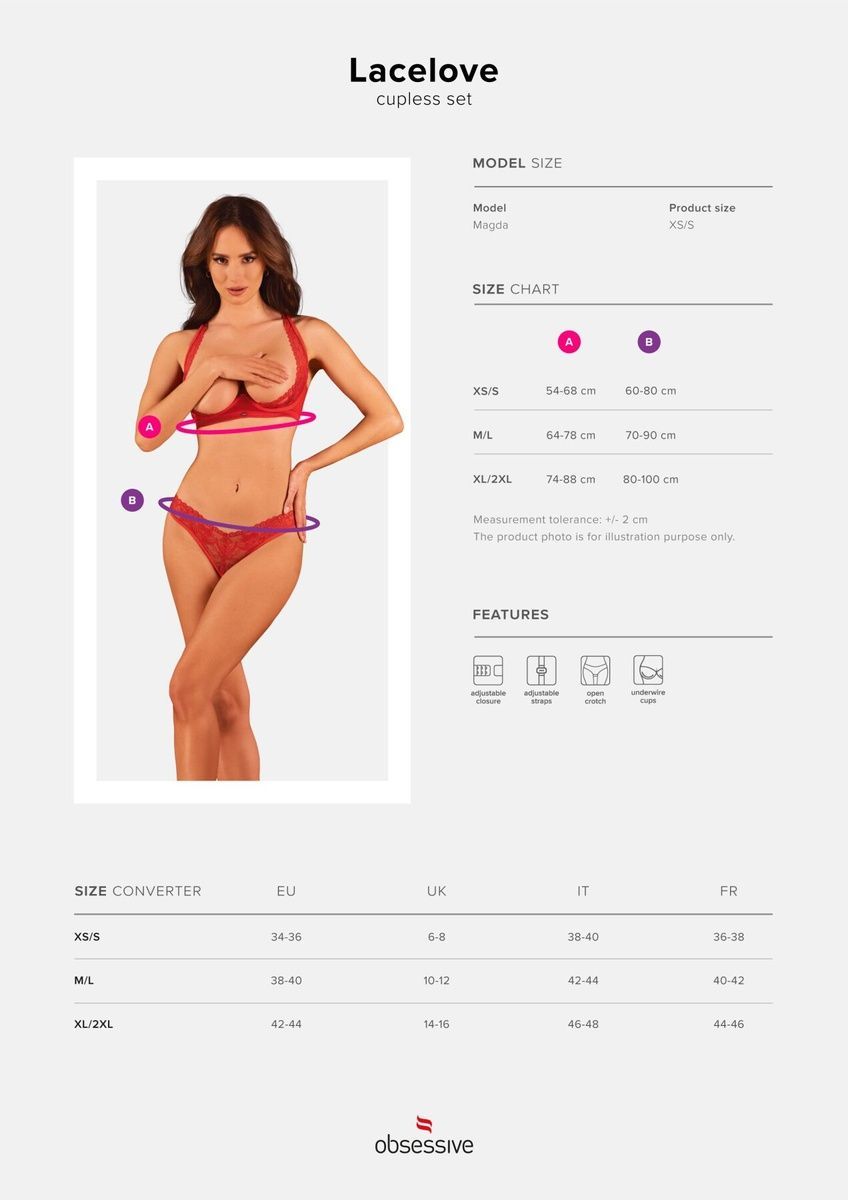 Комплект білизни Obsessive Lacelove cupless 2-pcs set XL/2XL Red, відкритий доступ, відкриті груди