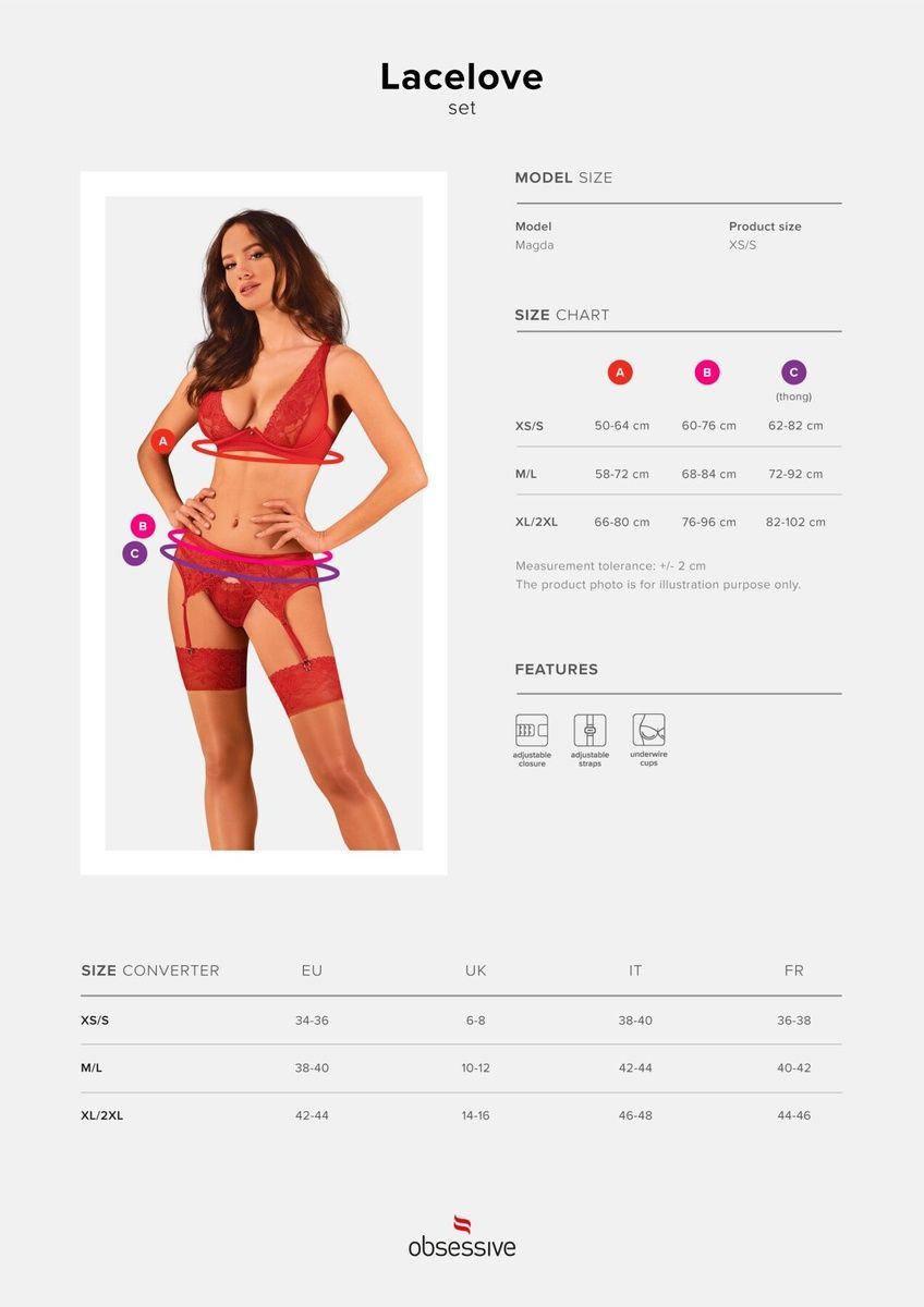 Комплект белья Obsessive Lacelove cupless 3pcs set Red, бюстгальтер, стринги, пояс для чулок, XS/S