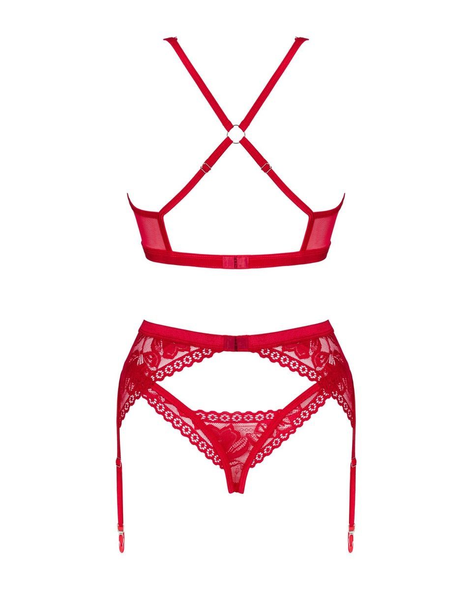 Комплект белья Obsessive Lacelove cupless 3pcs set Red, бюстгальтер, стринги, пояс для чулок, XS/S