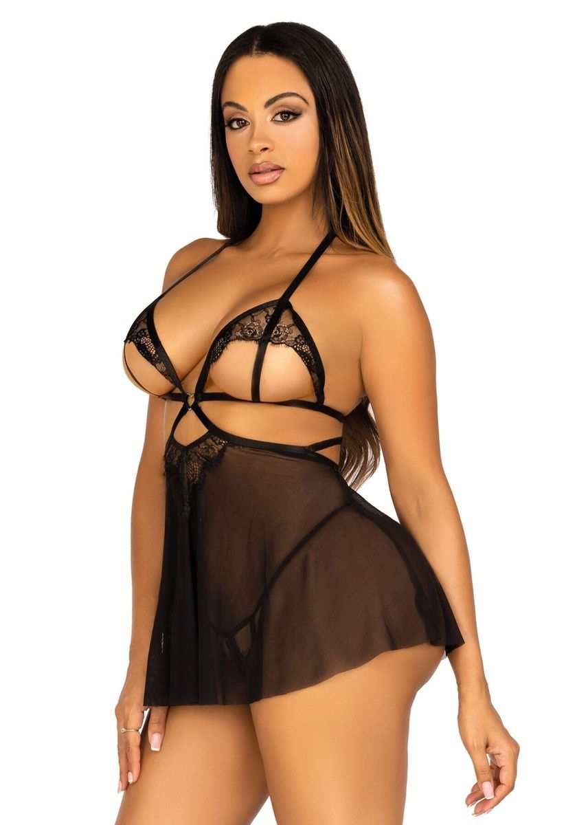 Сорочка беби-долл с открытыми чашками Leg Avenue Lace and mesh babydoll & panty Black, стринги, S