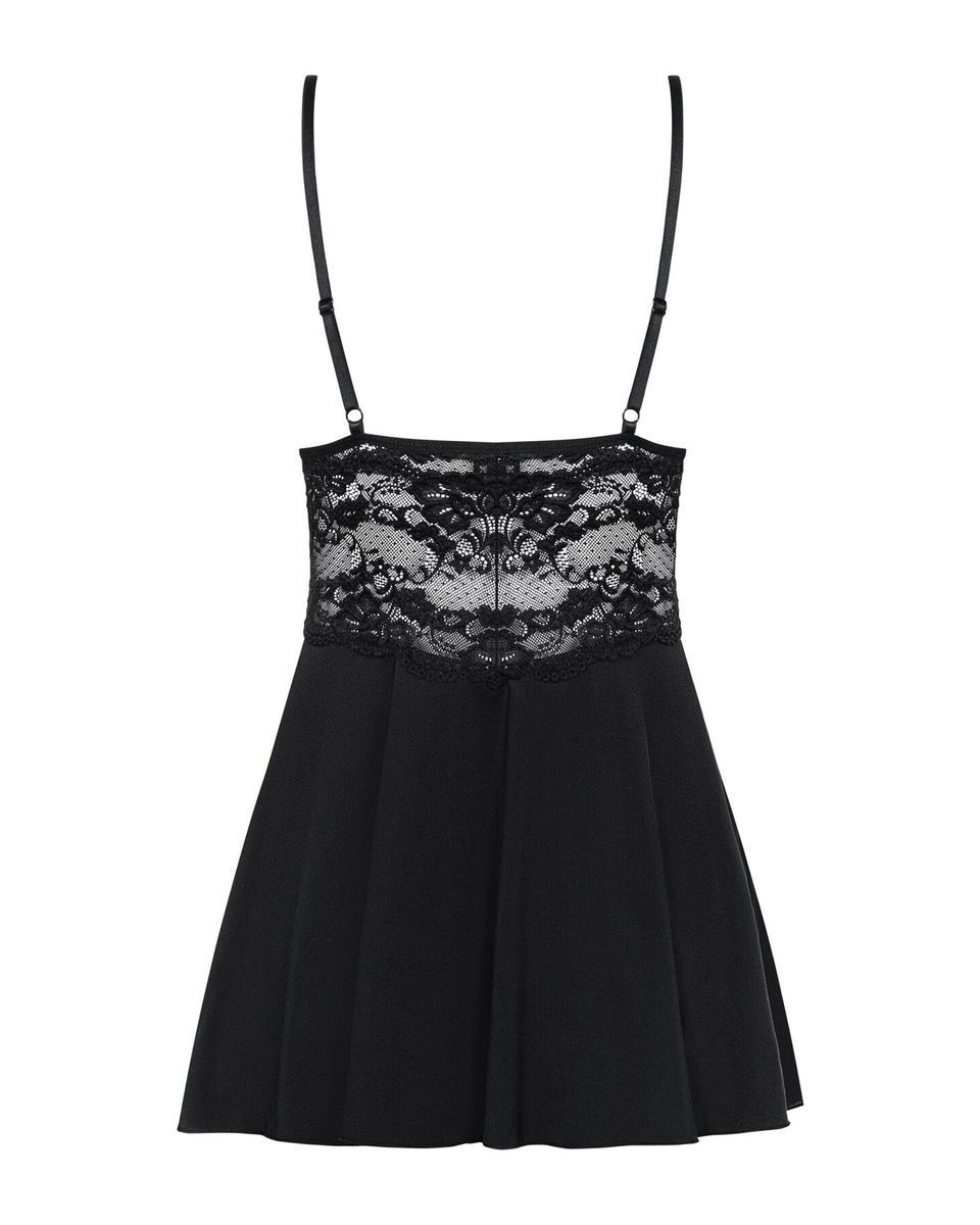 Сатиновый пеньюар с кружевом Obsessive 810-BAB-1 babydoll & thong, черный, пеньюар, танга, S/M