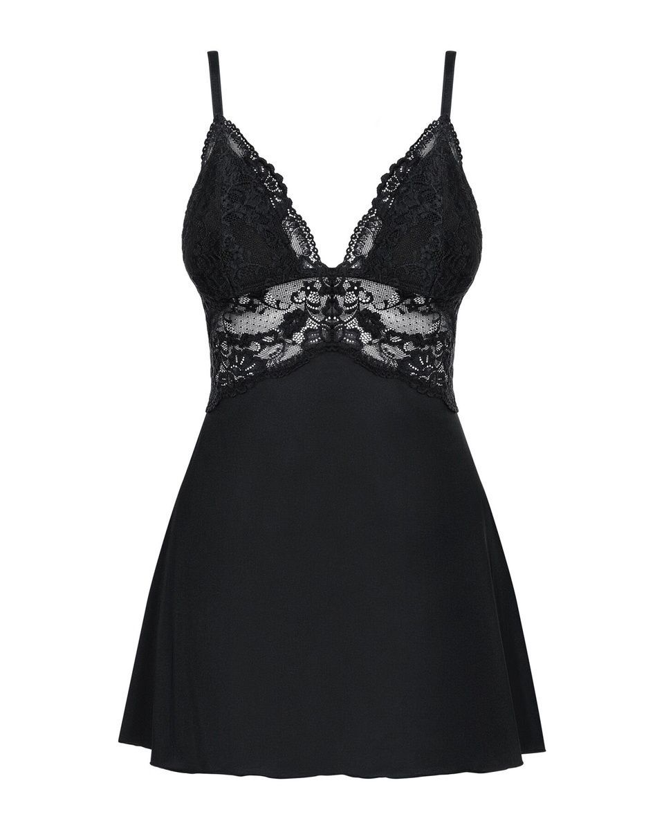 Сатиновый пеньюар с кружевом Obsessive 810-BAB-1 babydoll & thong, черный, пеньюар, танга, S/M