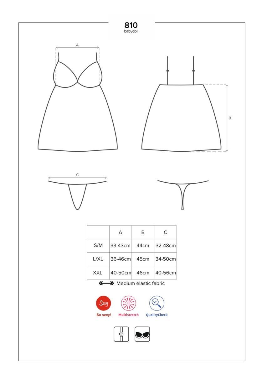 Сатиновый пеньюар с кружевом Obsessive 810-BAB-2 babydoll & thong, белый, пеньюар, танга, S/M