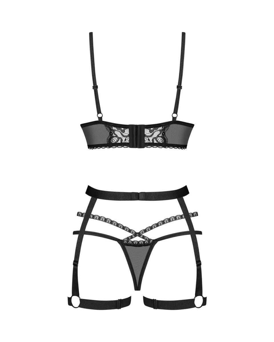 Комплект Obsessive Blomentis 3-pcs set, м&rsquo;який ліф, стрінги зі стрепами, пояс із гартерами, XS/S
