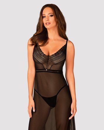 Полупрозрачная длинная сорочка Obsessive Estiqua chemise, черный, ассиметричный крой, XS/S