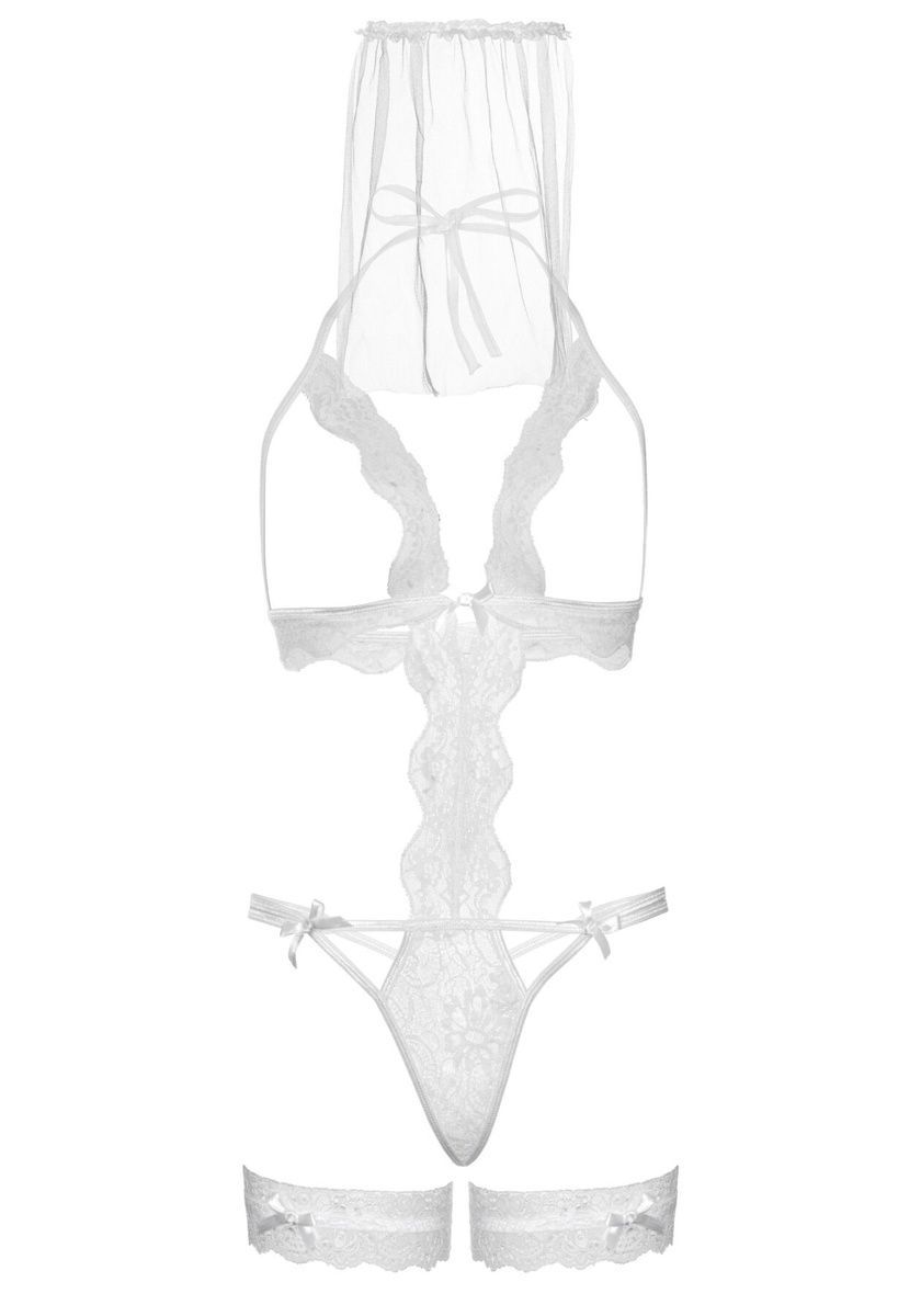 Костюм невесты Leg Avenue G-string teddy, veil & garter One size White, с открытой грудью