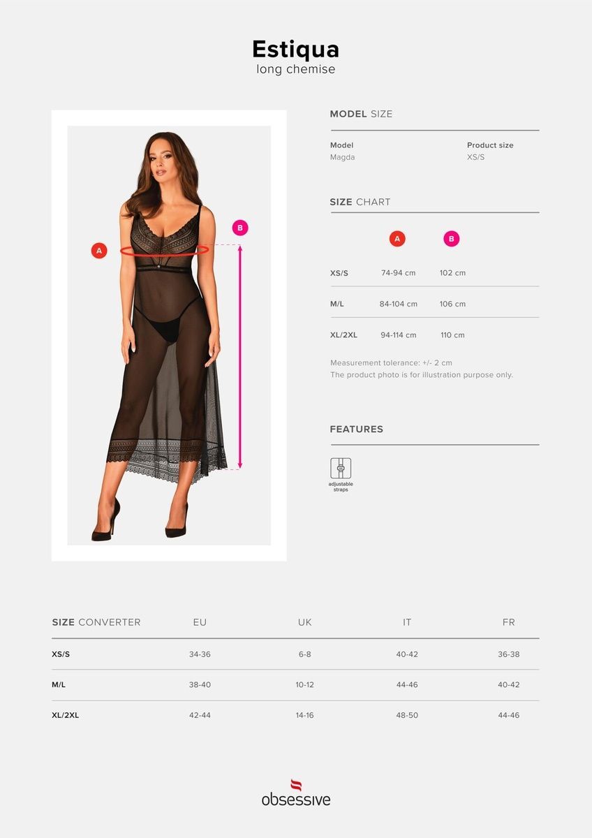 Полупрозрачная длинная сорочка Obsessive Estiqua chemise, черный, ассиметричный крой, XS/S