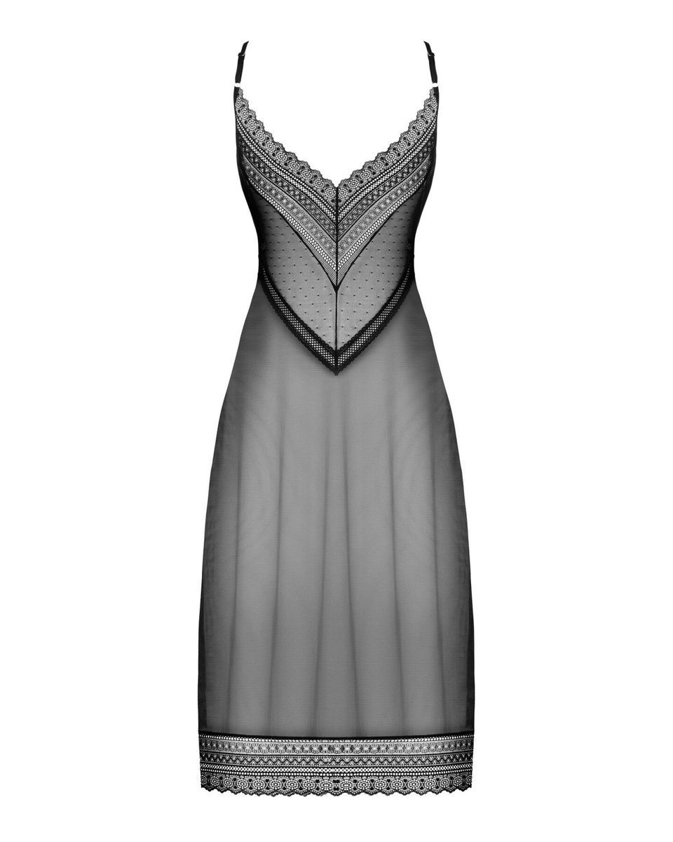 Полупрозрачная длинная сорочка Obsessive Estiqua chemise, черный, ассиметричный крой, XS/S